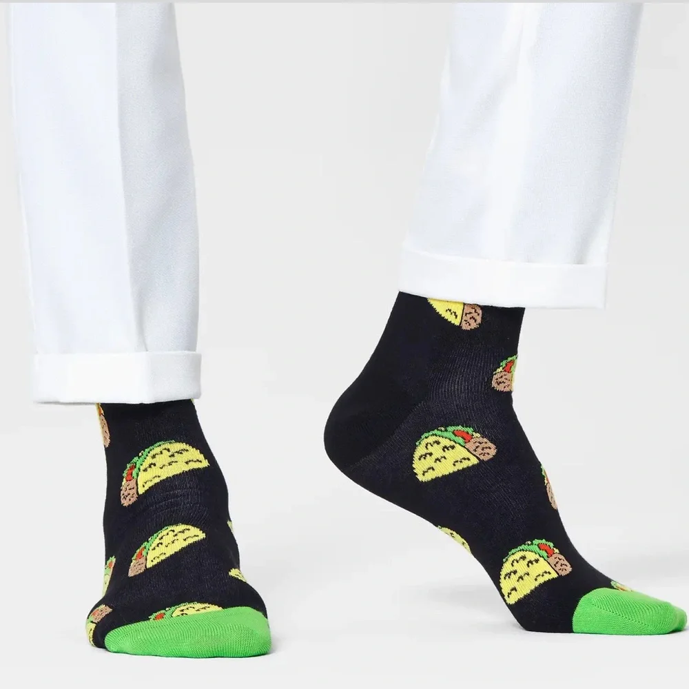 HAPPY SOCKS MENS COMBED COTTON CREW SOCKS TACO TO GO TACO PRINT BLACK OS NWT